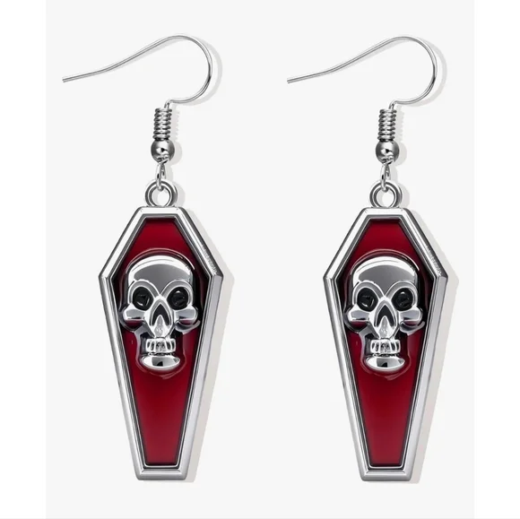 NEW Hot Topic Red & Silver Coffin Gothic Style Dangle Drop Earrings w/ Skulls - Picture 1 of 4